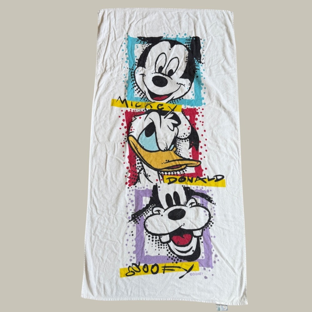 Vintage Disney Mickey Donald Goofy Beach Towel Franco 90s Cotton Brazil Made
